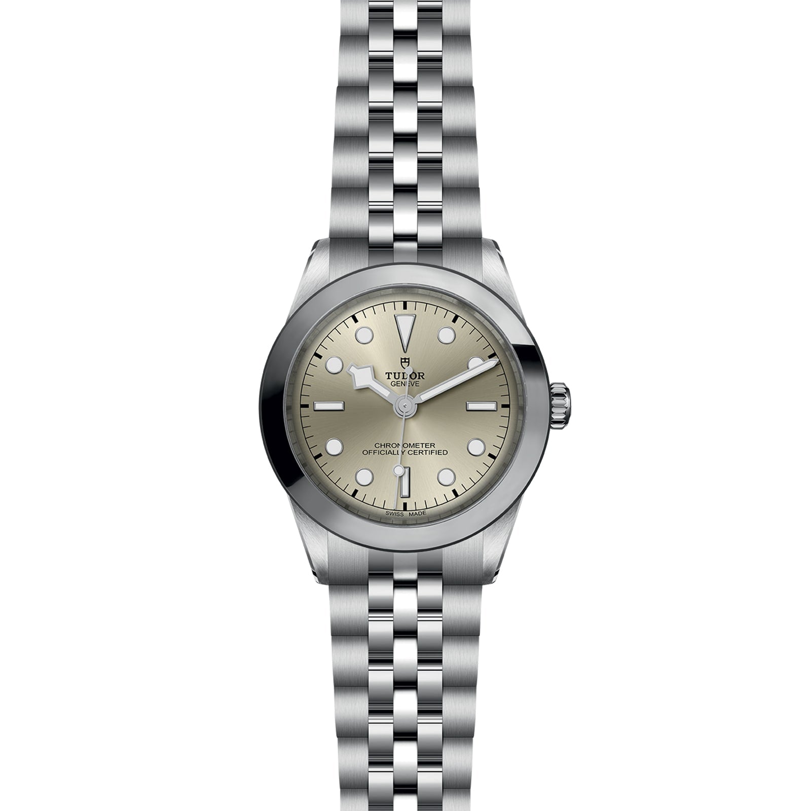 TUDOR Black Bay One 39 wristwatch featuring a round beige dial, metal bracelet, and simple hour markers.