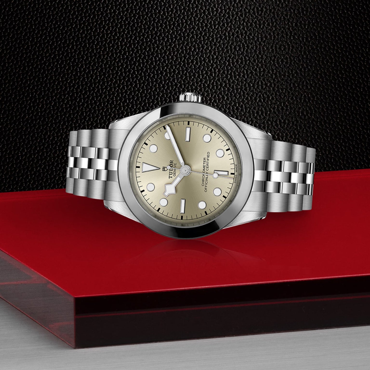 The TUDOR Black Bay One 39 wristwatch features a silver case, champagne dial, and metal bracelet, displayed on a red and black surface with a textured black background for timeless unisex style.