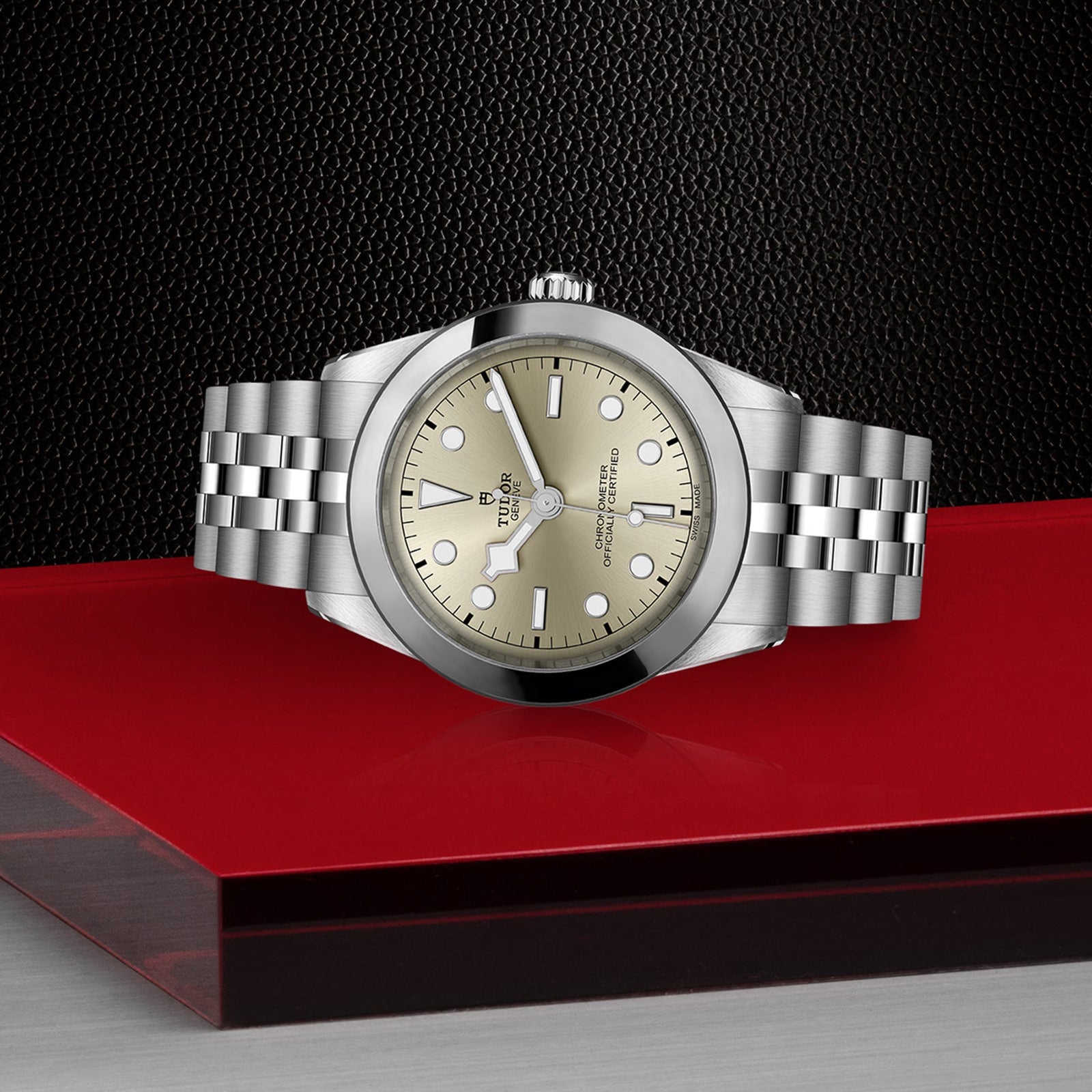 The TUDOR Black Bay One 39 wristwatch features a silver case, champagne dial, and metal bracelet, displayed on a red and black surface with a textured black background for timeless unisex style.