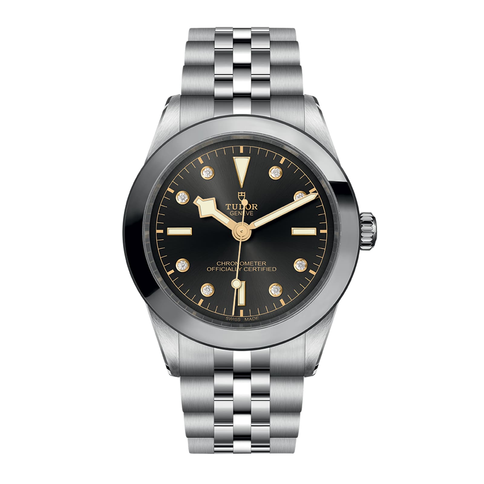 The TUDOR Black Bay One 39 is a unisex stainless steel wristwatch featuring a black dial, gold hour markers, silver bracelet, and date window at 3 o’clock.