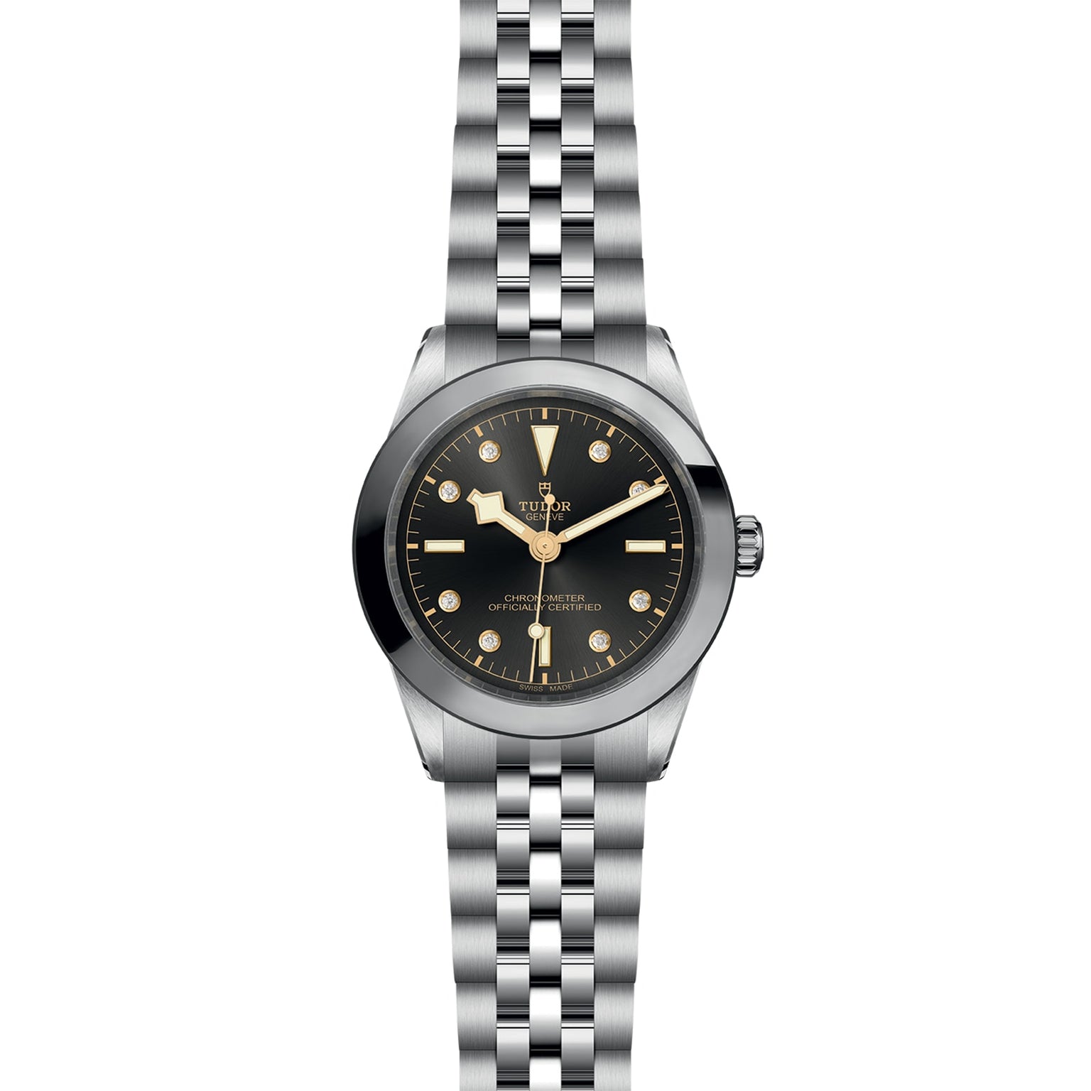 The TUDOR Black Bay One 39 is a stainless steel wristwatch with a black dial, gold-tone markers and hands, a five-link bracelet, the Tudor logo, and precise Manufacture Calibres—offering unisex chic style.