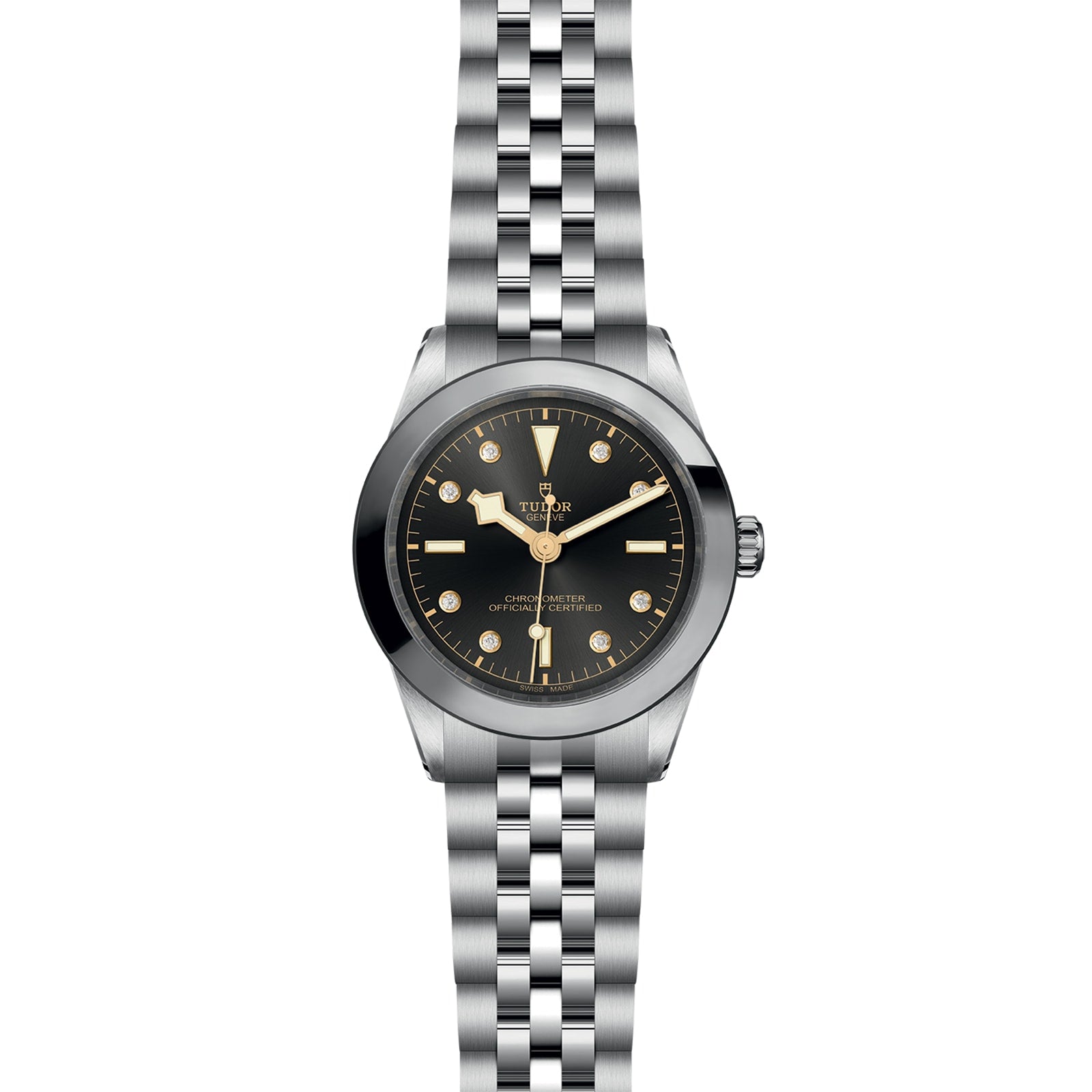 The TUDOR Black Bay One 39 is a stainless steel wristwatch with a black dial, gold-tone markers and hands, a five-link bracelet, the Tudor logo, and precise Manufacture Calibres—offering unisex chic style.