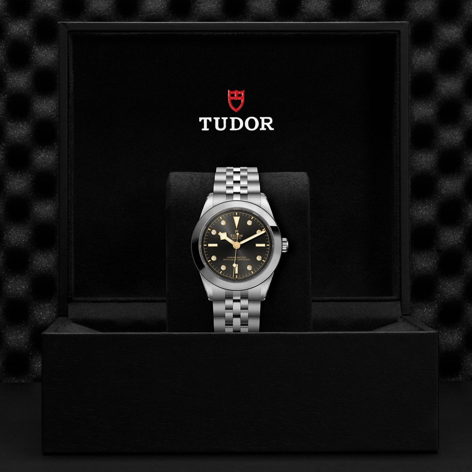 The TUDOR Black Bay One 39 wristwatch with a black dial and silver bracelet is upright in an open black box featuring the TUDOR logo, highlighting its unisex chic style and refined elegance.