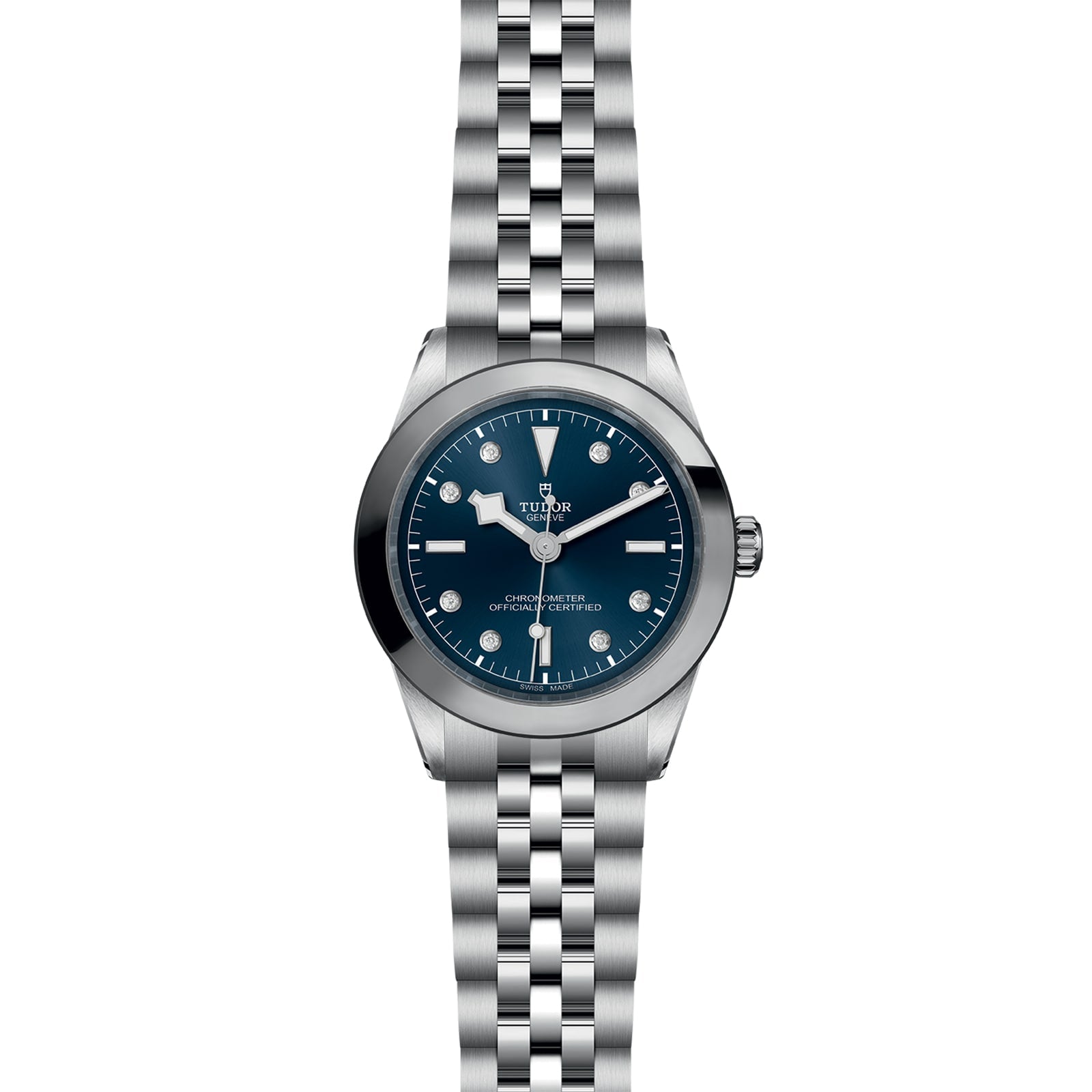 The TUDOR Black Bay One 39 is a unisex silver wristwatch with a blue dial, silver hour markers, and a metal link bracelet, inspired by Black Bay models and displayed on a white background.