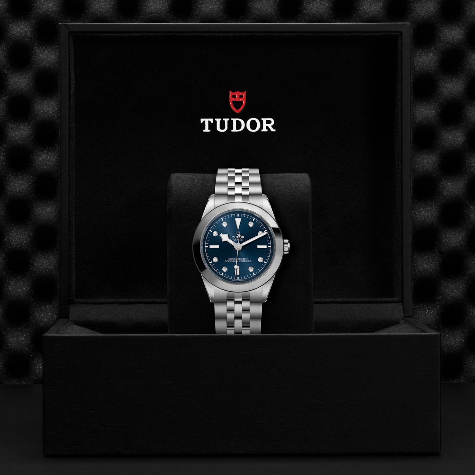 TUDOR Black Bay One 39 in a black TUDOR box with TUDOR text and red logo