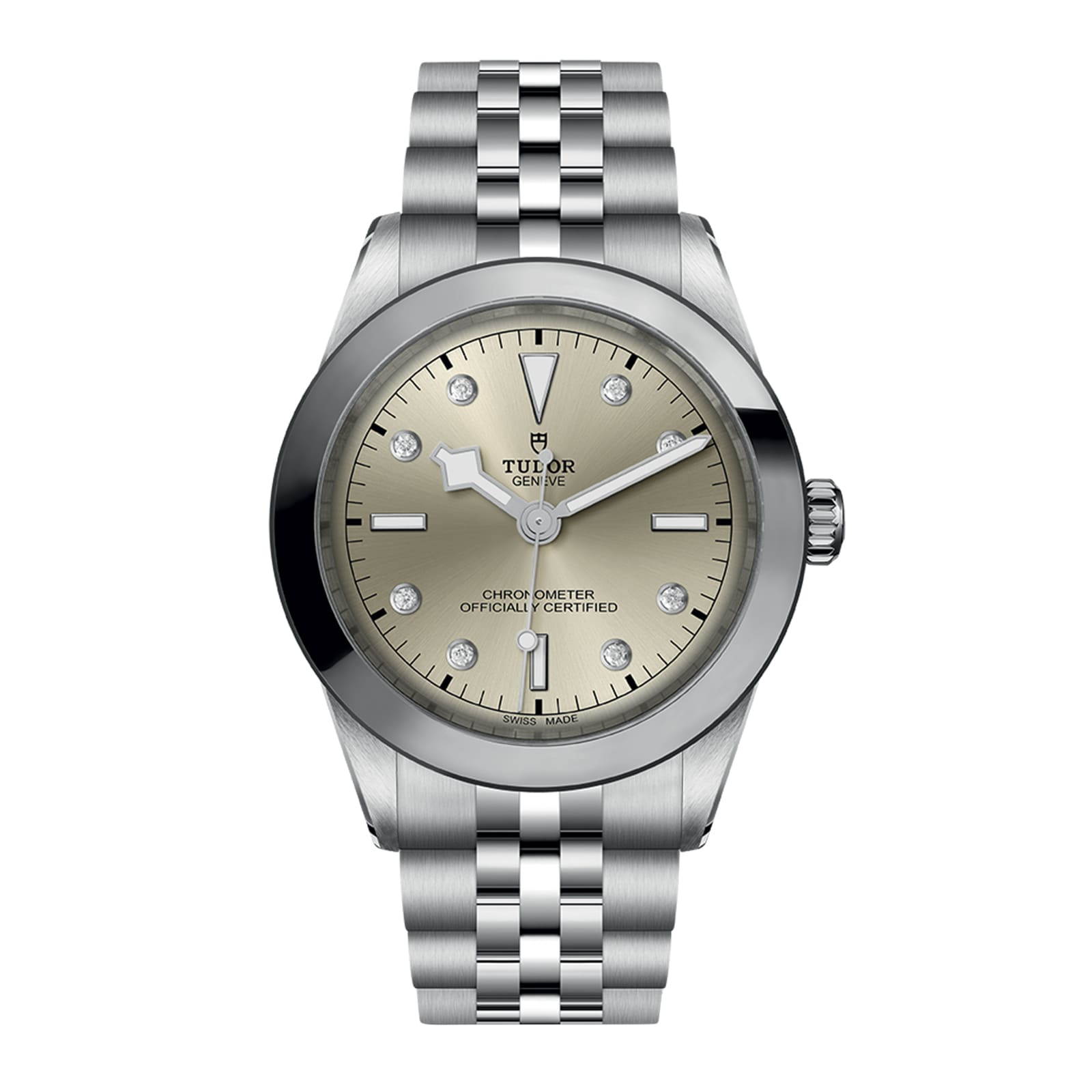 A TUDOR Black Bay One 39 wristwatch featuring a beige dial, diamond hour markers, and a silver metal link bracelet.