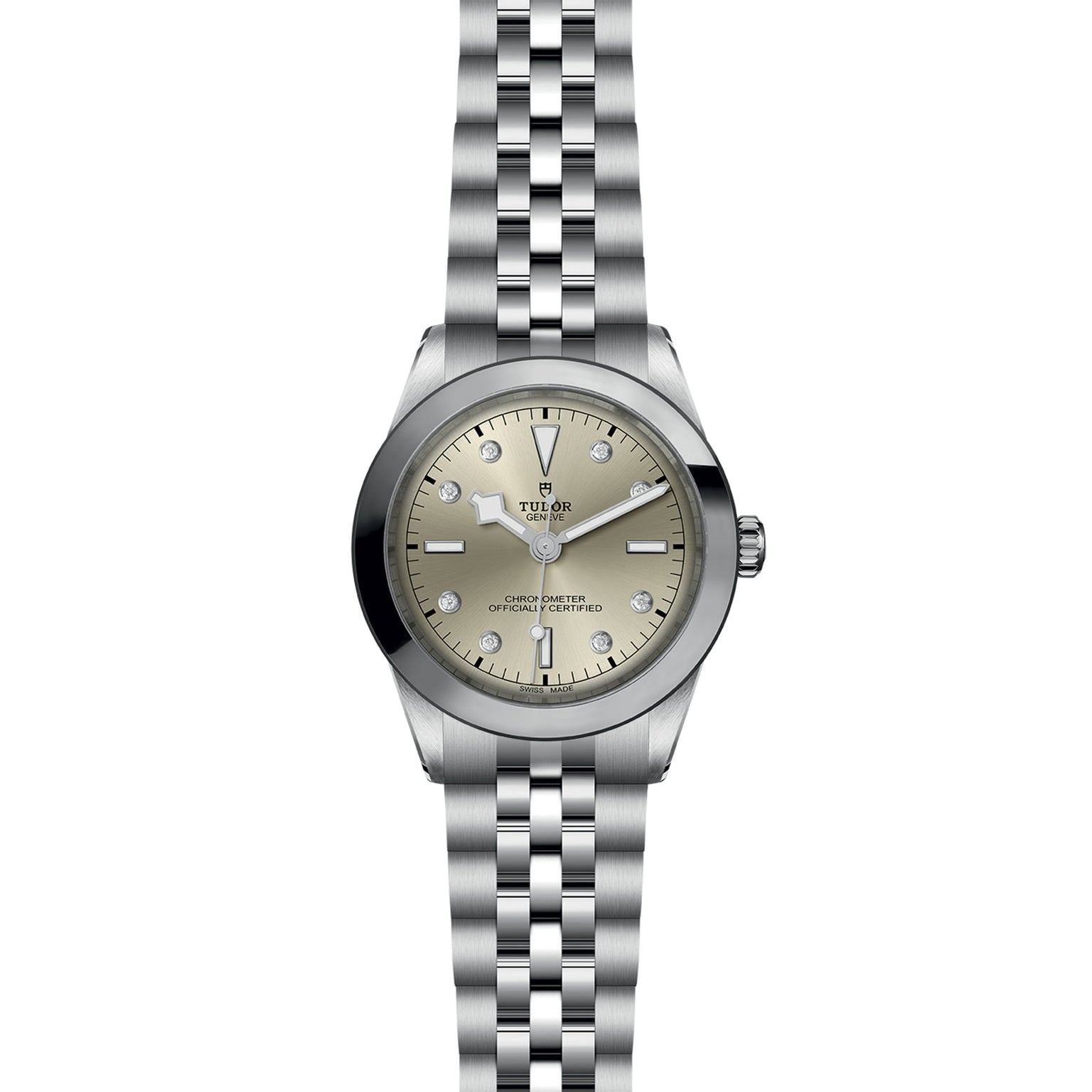 The TUDOR Black Bay One 39 is a unisex stainless steel wristwatch featuring a silver dial with diamond hour markers, baton hands, and a 316L steel bracelet that embodies the timeless elegance of the Black Bay collection.