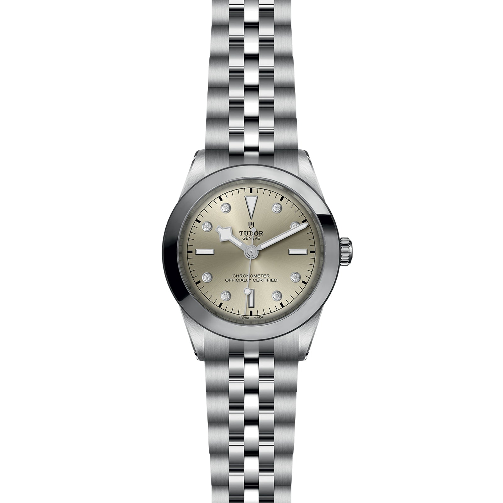 The TUDOR Black Bay One 39 is a unisex stainless steel wristwatch featuring a silver dial with diamond hour markers, baton hands, and a 316L steel bracelet that embodies the timeless elegance of the Black Bay collection.