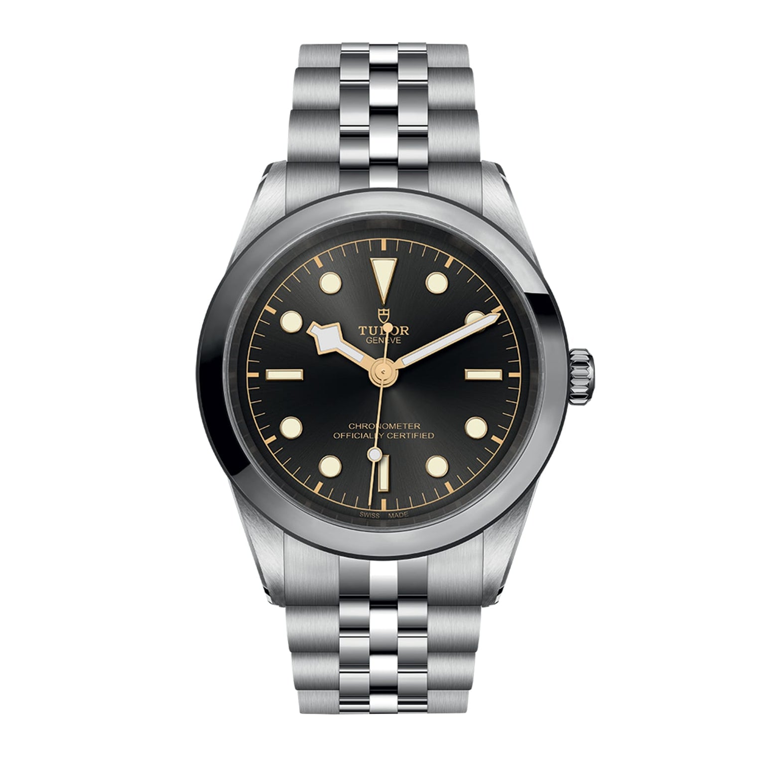 The TUDOR Black Bay One 41, a stainless steel wristwatch with a black dial, luminous markers, and metal bracelet, showcases unisex style and is photographed against a white background.