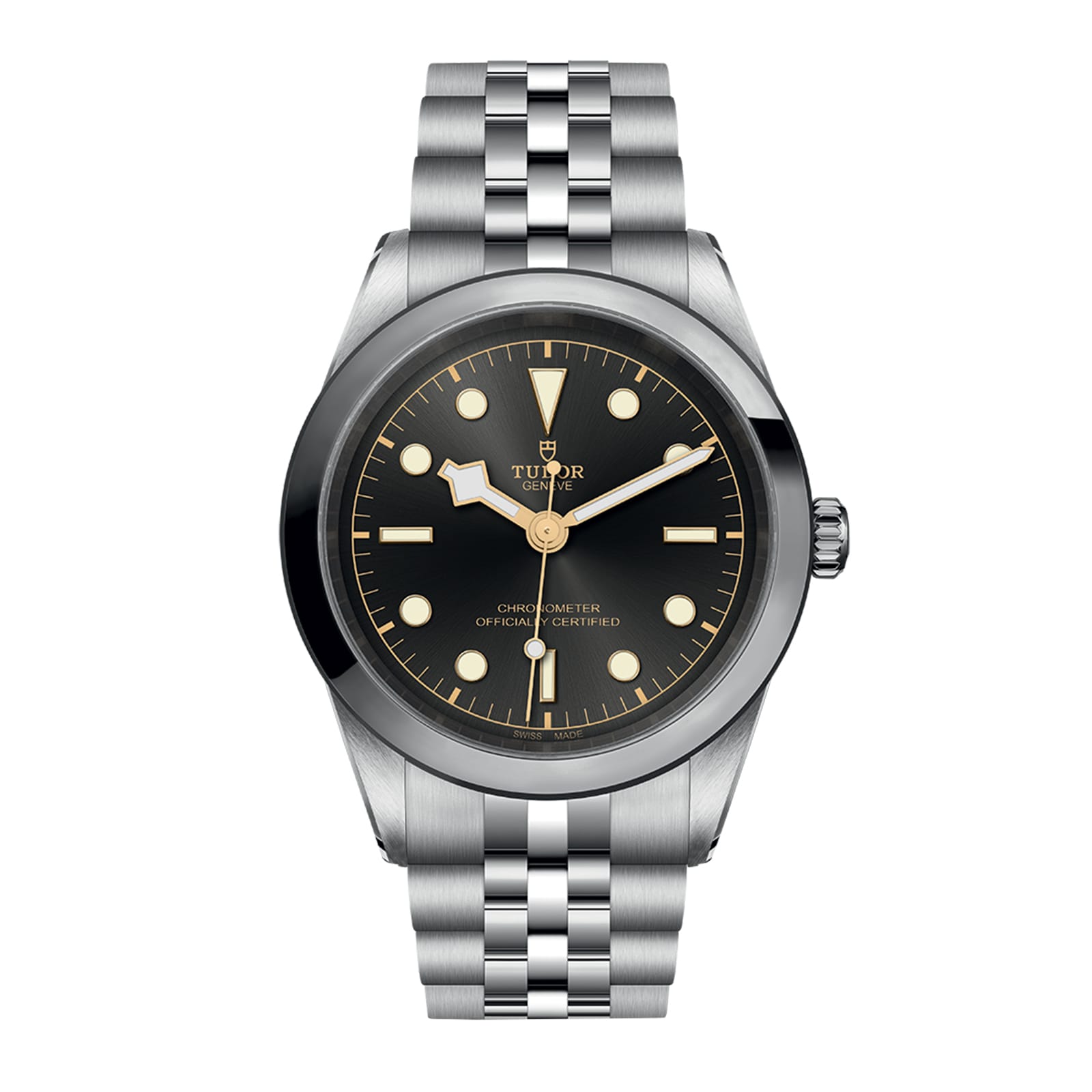 The TUDOR Black Bay One 41, a stainless steel wristwatch with a black dial, luminous markers, and metal bracelet, showcases unisex style and is photographed against a white background.