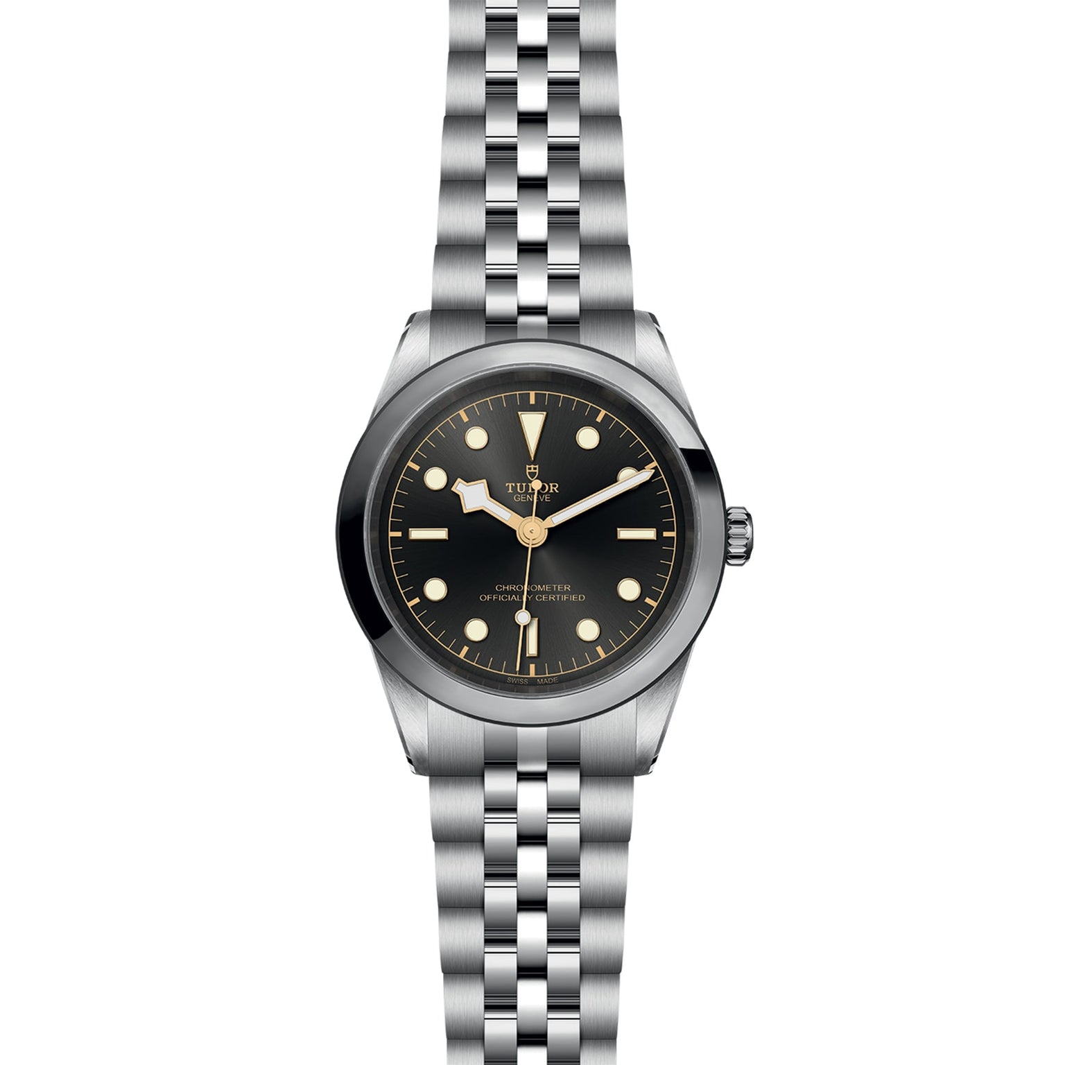 The TUDOR Black Bay One 41 features a black dial, round hour markers, luminous hands, and a stainless steel jubilee-style bracelet—delivering unisex chic style and precise timekeeping with Manufacture Calibres.