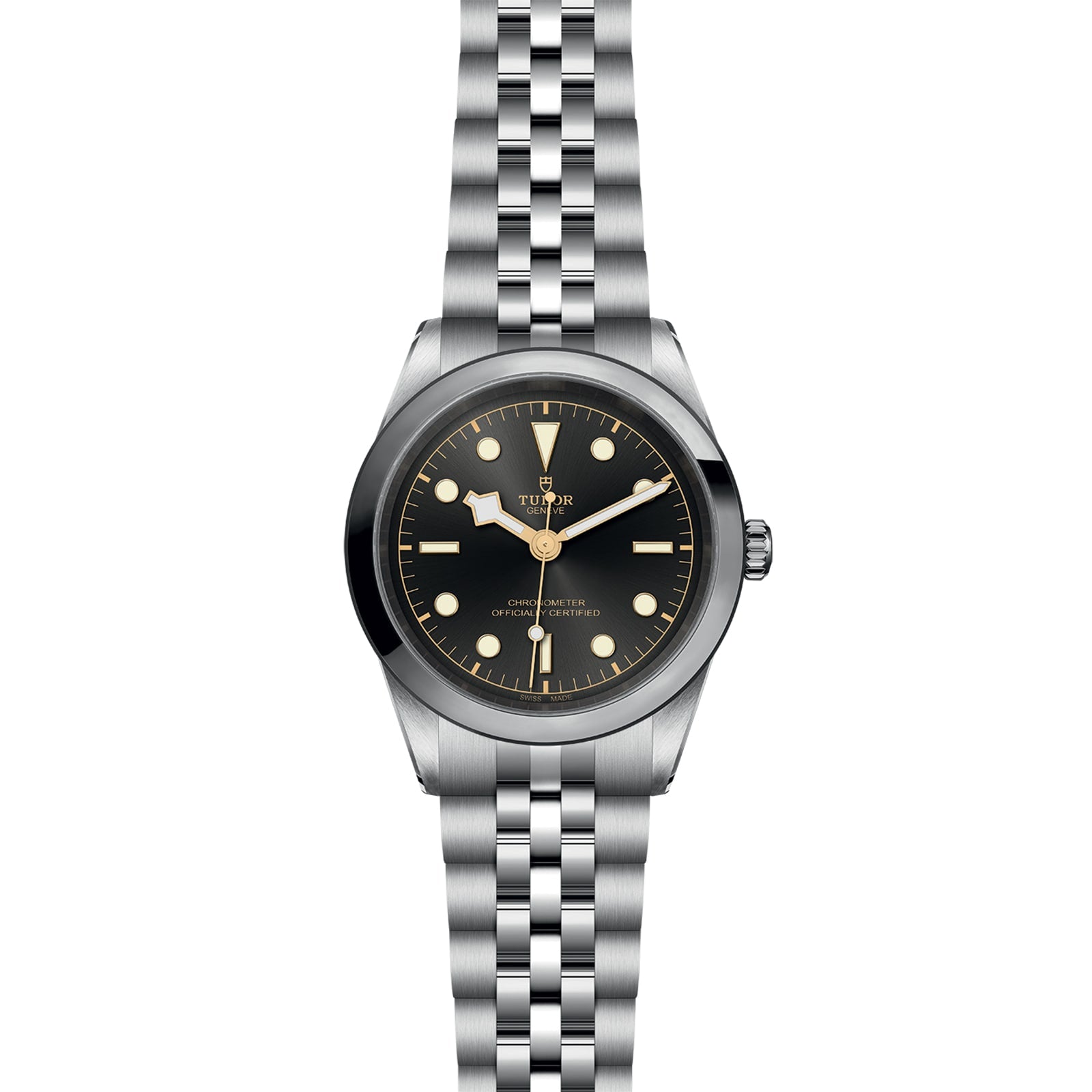 The TUDOR Black Bay One 41 features a black dial, round hour markers, luminous hands, and a stainless steel jubilee-style bracelet—delivering unisex chic style and precise timekeeping with Manufacture Calibres.