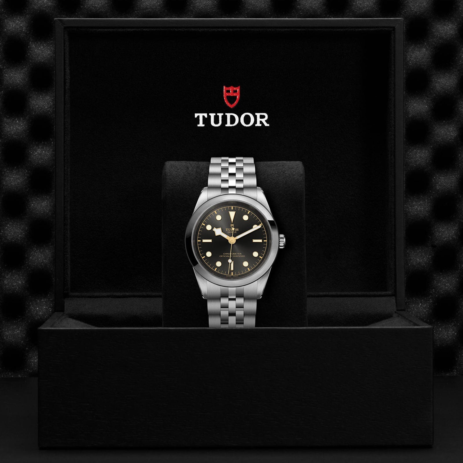 The TUDOR Black Bay One 41, a silver wristwatch with a black dial and gold accents, is presented in an open black TUDOR box with logo branding, exuding classic unisex style inspired by Black Bay models.