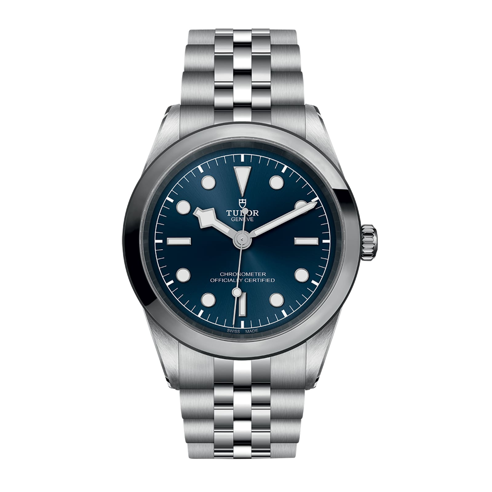 The TUDOR Black Bay One 41 is a stainless steel wristwatch featuring a blue dial, luminescent hour markers, and a five-link bracelet, offering unisex chic style. Shown here against a white background.