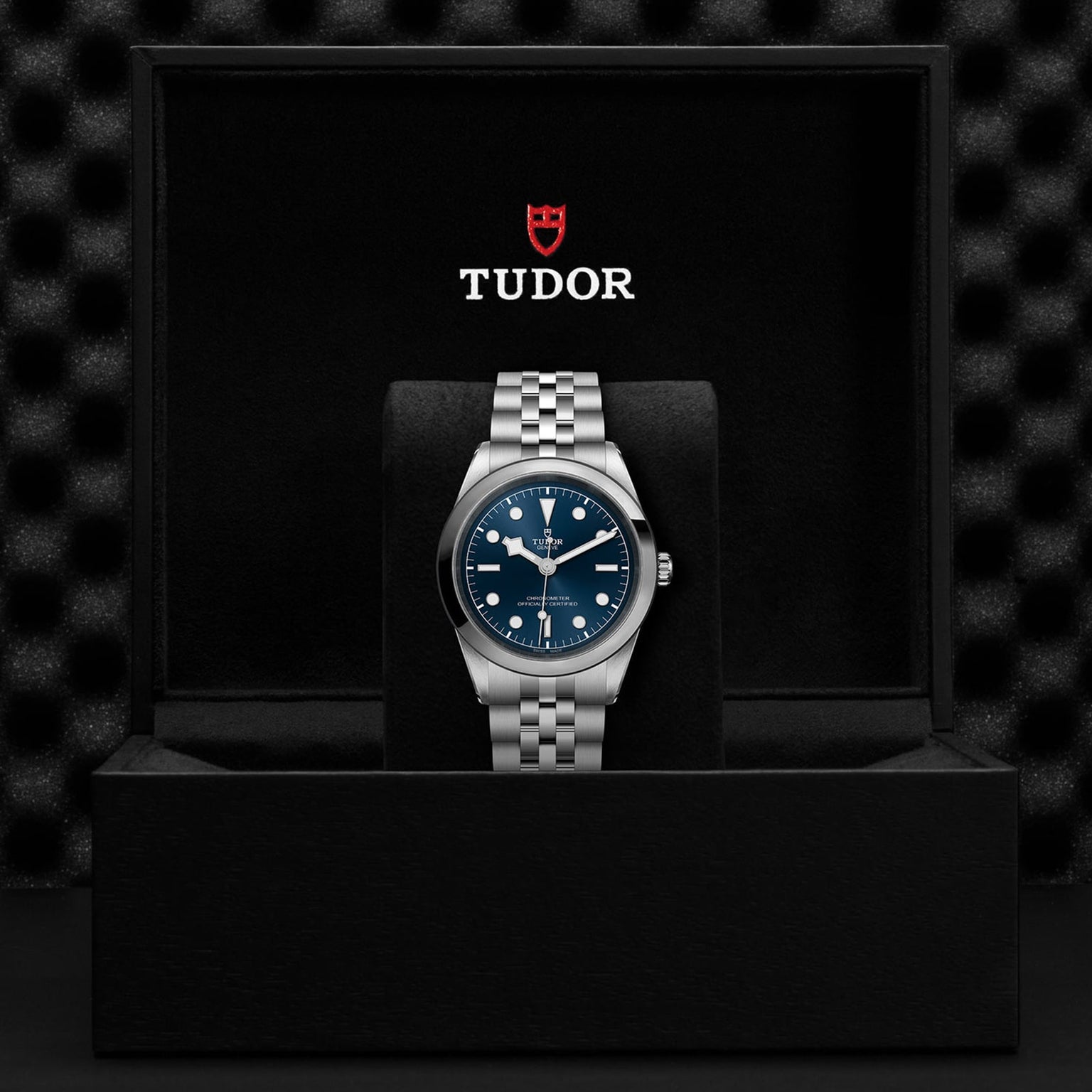 A TUDOR Black Bay One 41 wristwatch with a blue dial and silver bracelet is showcased upright in a black presentation box with the TUDOR logo, highlighting its unisex chic style.