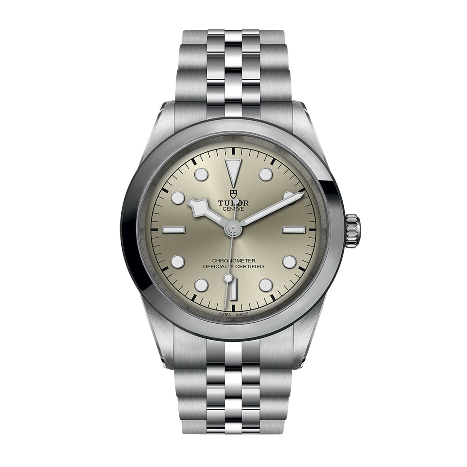 The TUDOR Black Bay One 41, a stainless steel unisex wristwatch with a silver dial, black hour markers, luminescent hands, and a brushed metal bracelet, exudes chic style against a white background.