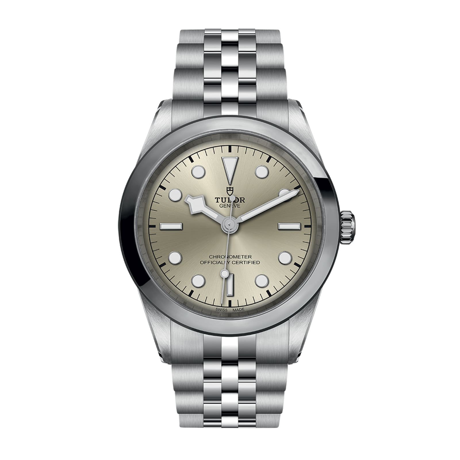 The TUDOR Black Bay One 41, a stainless steel unisex wristwatch with a silver dial, black hour markers, luminescent hands, and a brushed metal bracelet, exudes chic style against a white background.