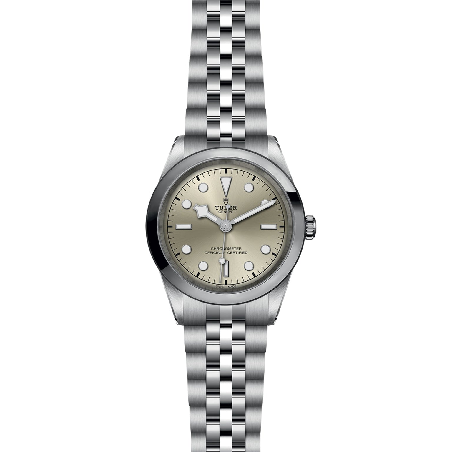 The TUDOR Black Bay One 41 features a stainless steel case, silver dial with round hour markers, and a five-link bracelet, offering chic unisex style against a white background.