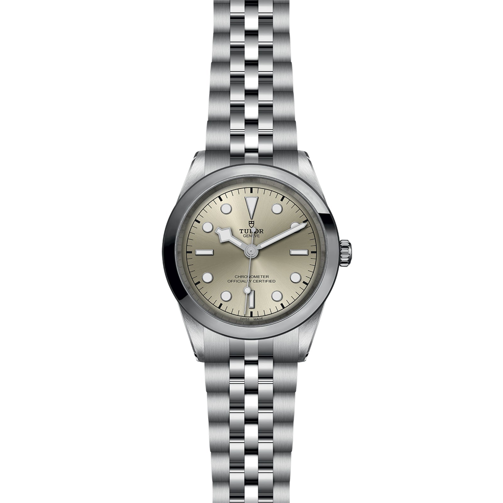 The TUDOR Black Bay One 41 features a stainless steel case, silver dial with round hour markers, and a five-link bracelet, offering chic unisex style against a white background.