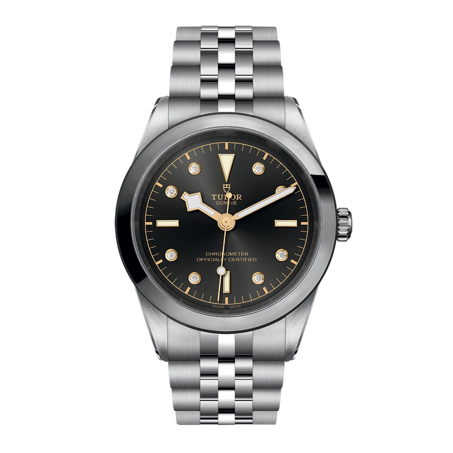The TUDOR Black Bay One 41 is a unisex wristwatch crafted from 316L steel, showcasing a black dial with silver hour markers and a sleek silver metal bracelet, elegantly displayed from the front.