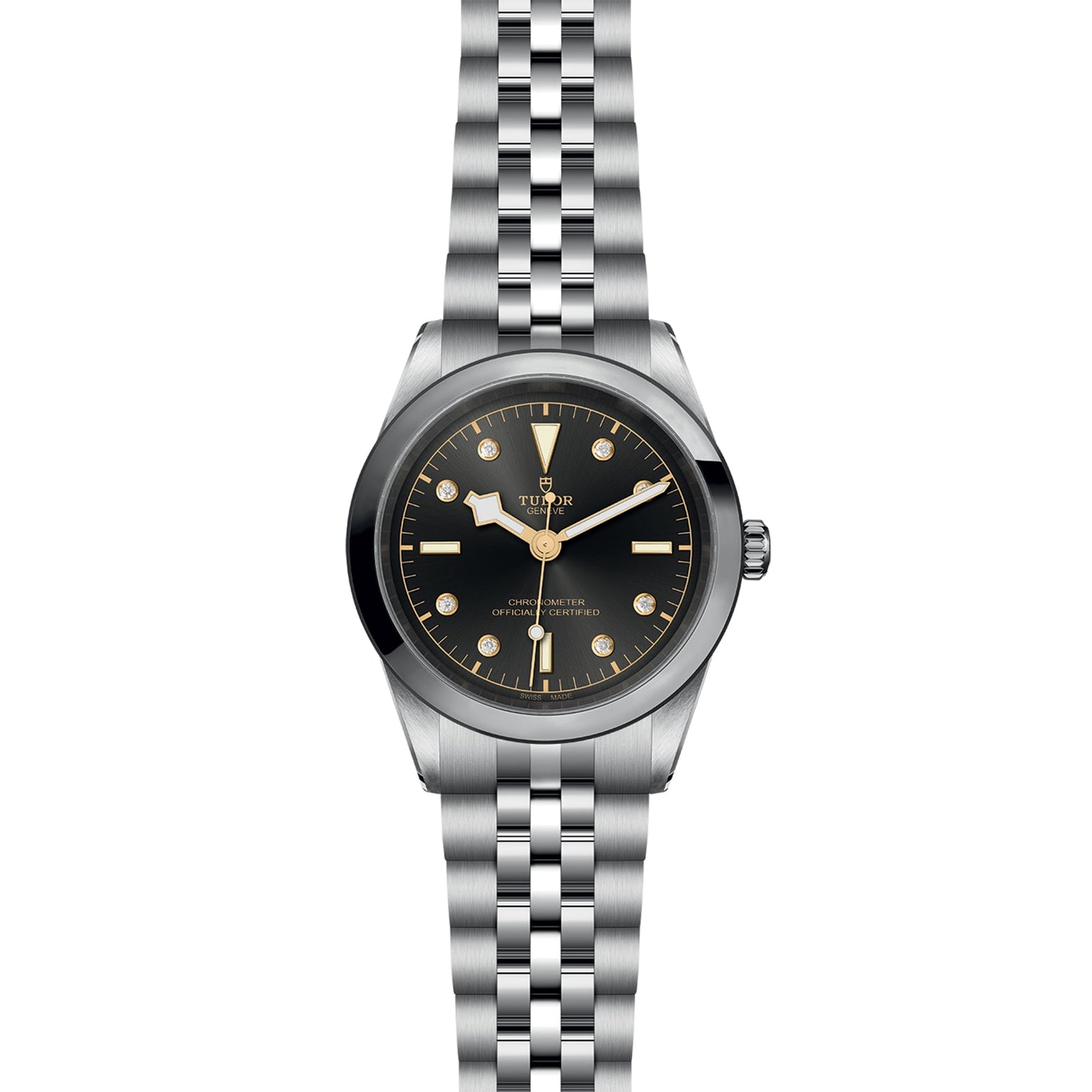 The TUDOR Black Bay One 41 is a unisex wristwatch made from 316L steel, featuring a black dial, round gold hour markers, silver hands, a metal link bracelet, and the brand logo and text on the watch face.