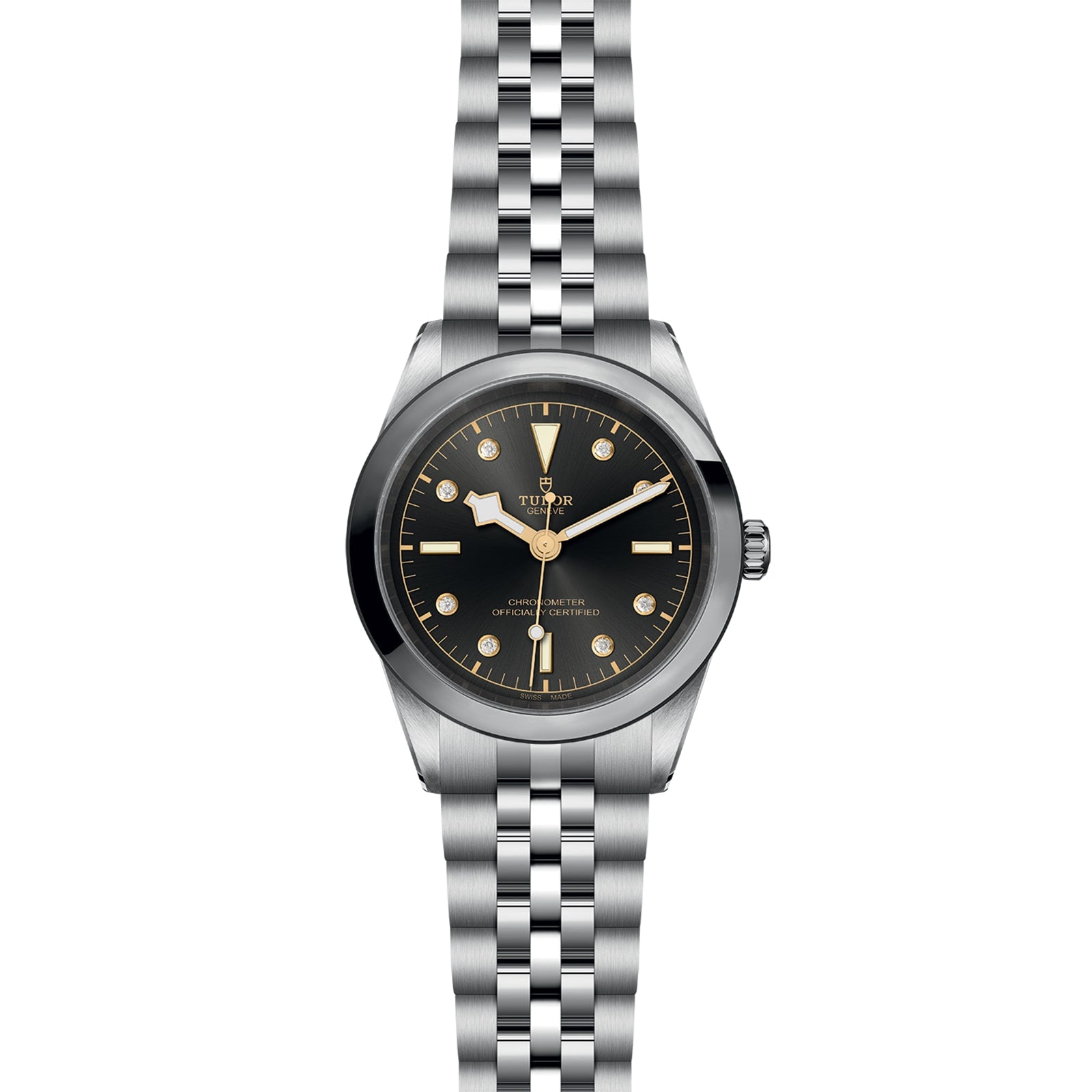 The TUDOR Black Bay One 41 is a unisex wristwatch made from 316L steel, featuring a black dial, round gold hour markers, silver hands, a metal link bracelet, and the brand logo and text on the watch face.