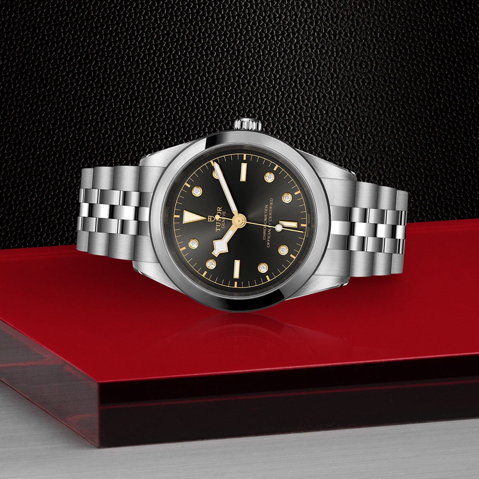The TUDOR Black Bay One 41, a unisex chic wristwatch with a black dial and gold markers, is crafted from premium 316L stainless steel and displayed on a red and gray platform against a textured black background.