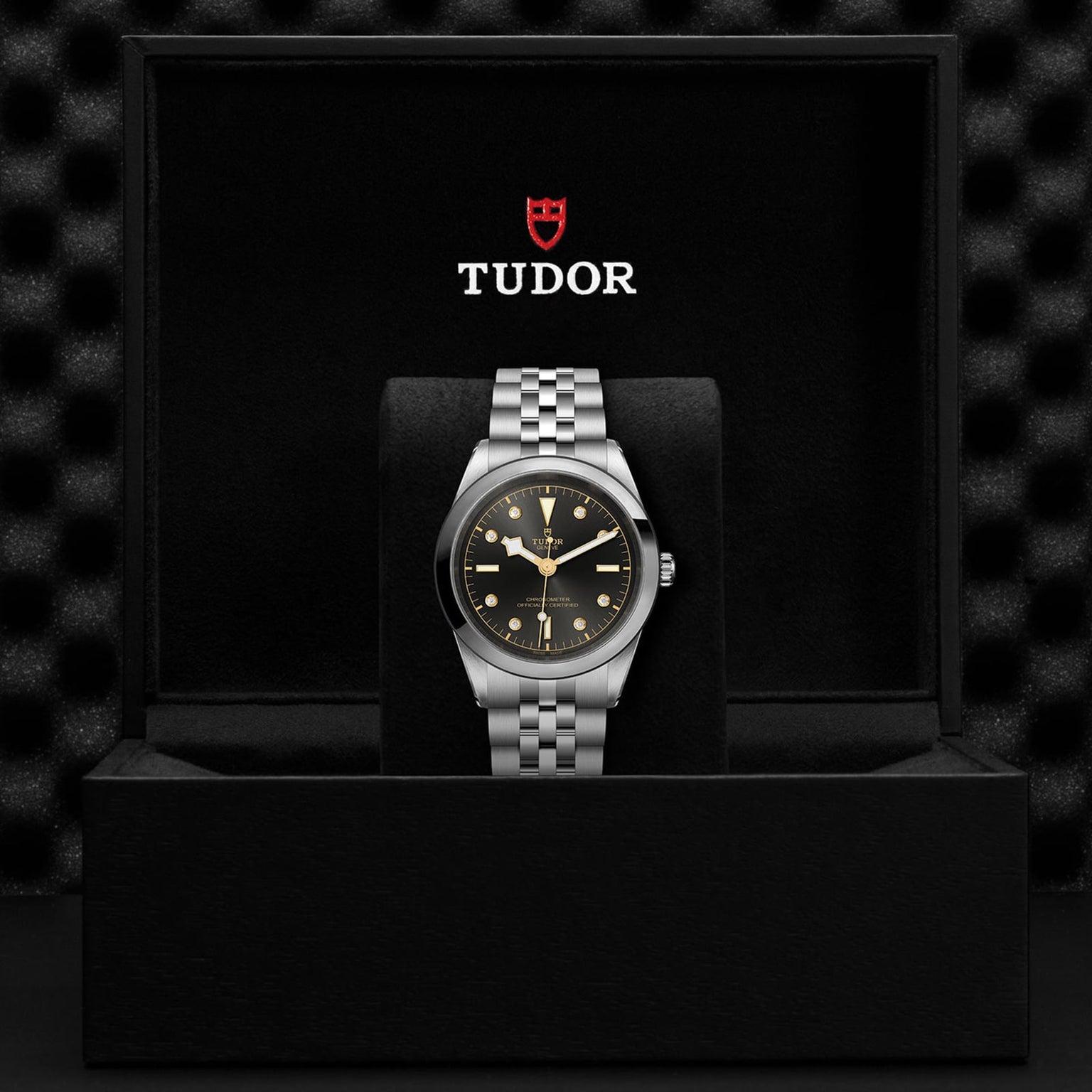 The TUDOR Black Bay One 41 wristwatch features a black and gold dial on a silver 316L steel bracelet, presented in an open black TUDOR box with logo—a unisex statement of chic style.