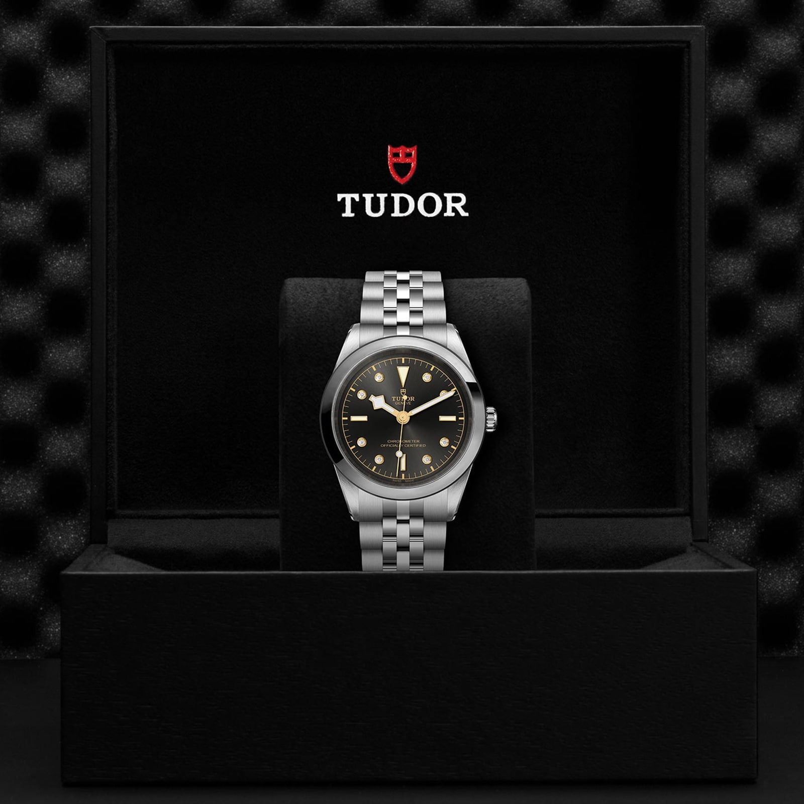 The TUDOR Black Bay One 41 wristwatch features a black and gold dial on a silver 316L steel bracelet, presented in an open black TUDOR box with logo—a unisex statement of chic style.