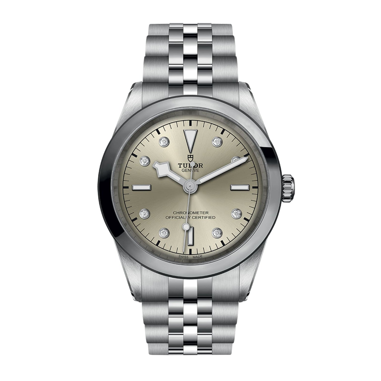 The TUDOR Black Bay One 41 is a unisex stainless steel watch featuring a silver dial, diamond hour markers, date display at 3 o’clock, and a metal link bracelet—showcasing the signature elegance of Black Bay models.