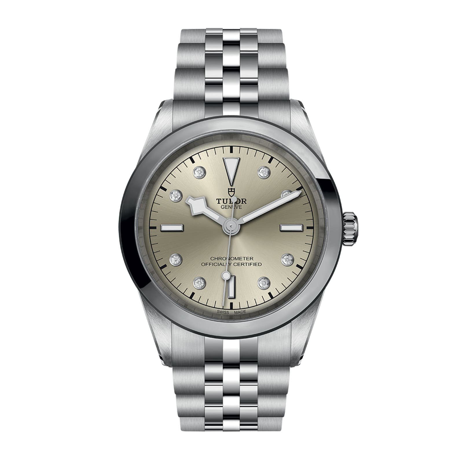 The TUDOR Black Bay One 41 is a unisex stainless steel watch featuring a silver dial, diamond hour markers, date display at 3 o’clock, and a metal link bracelet—showcasing the signature elegance of Black Bay models.