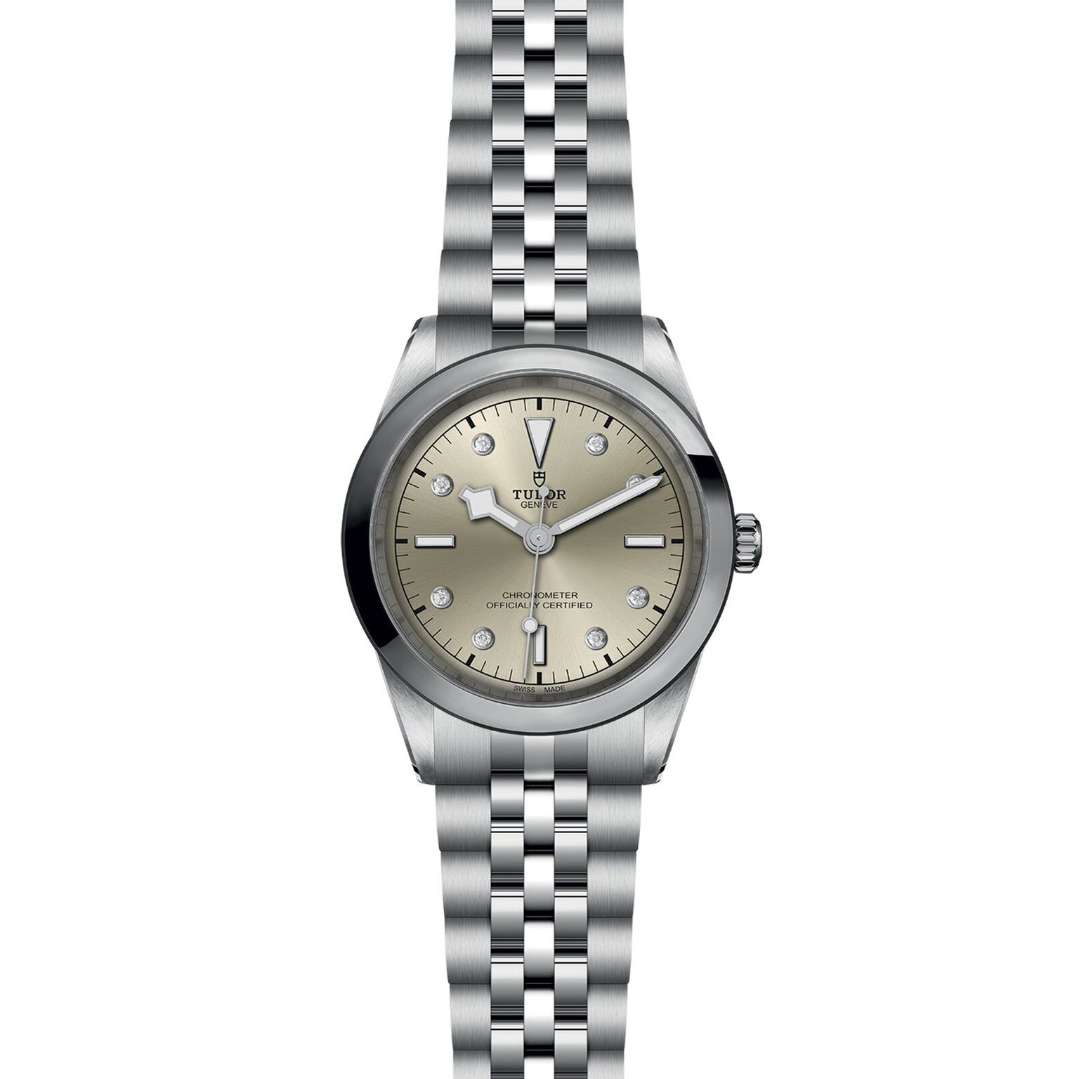 The TUDOR Black Bay One 41 is a unisex chic stainless steel watch with a silver dial, diamond hour markers, and a five-link bracelet—capturing the elegance of Black Bay models—presented against a white background.