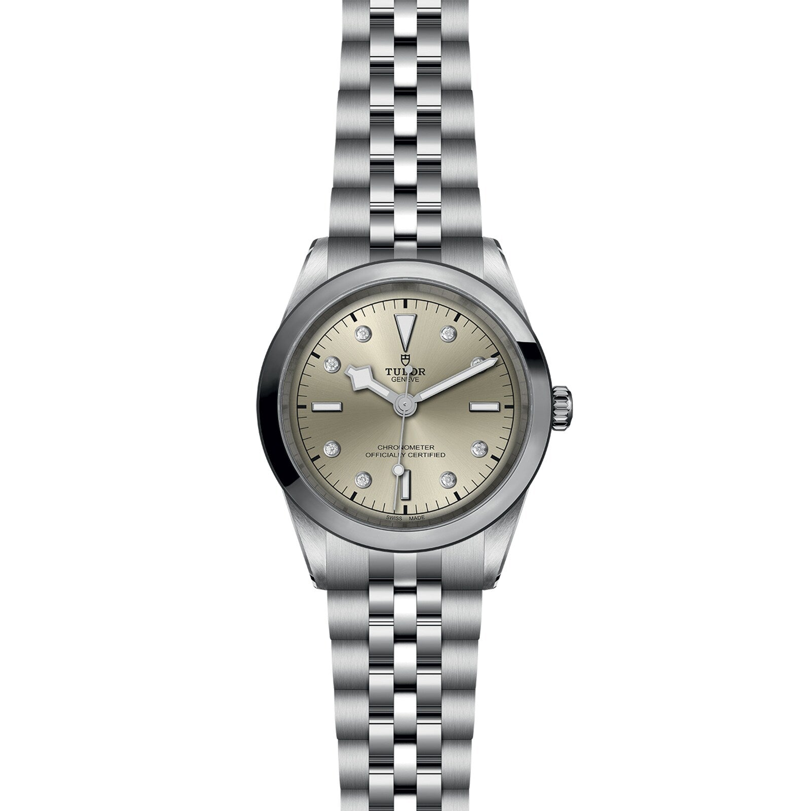 The TUDOR Black Bay One 41 is a unisex chic stainless steel watch with a silver dial, diamond hour markers, and a five-link bracelet—capturing the elegance of Black Bay models—presented against a white background.