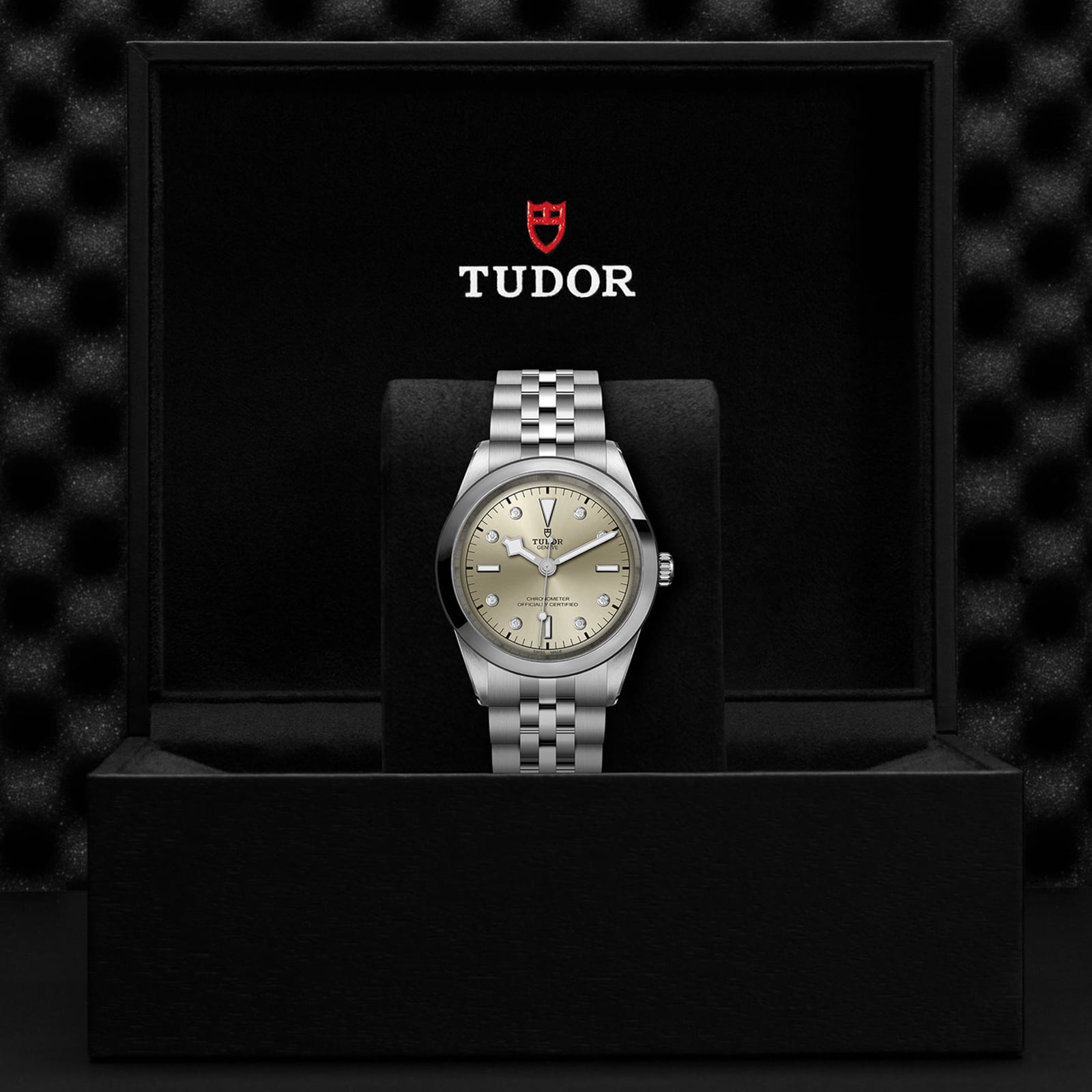 A TUDOR Black Bay One 41 unisex stainless steel watch with a silver dial is shown in an open black TUDOR box, featuring the logo and name inside the lid. This chic timepiece draws inspiration from classic Black Bay models.