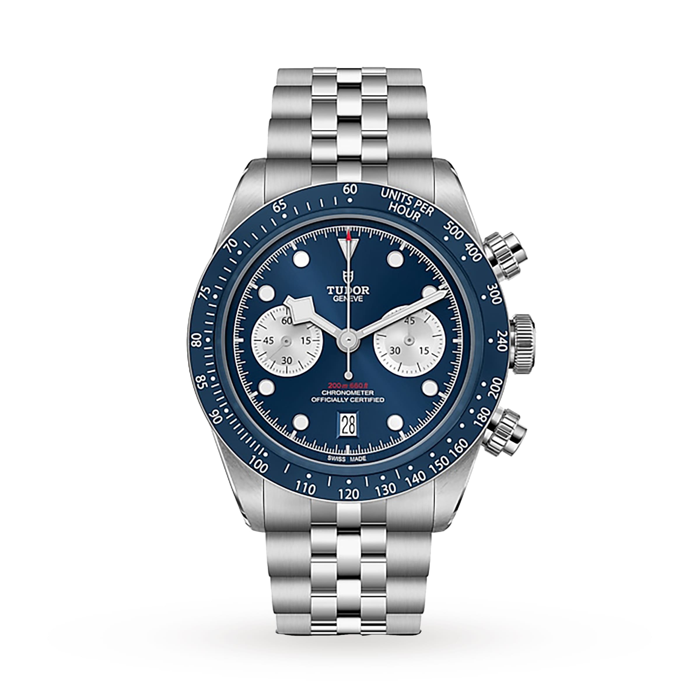 A TUDOR Black Bay Chrono wristwatch with a stainless steel case, blue dial, two subdials, date display at 6 o’clock, and a metal link bracelet shown against a white background.