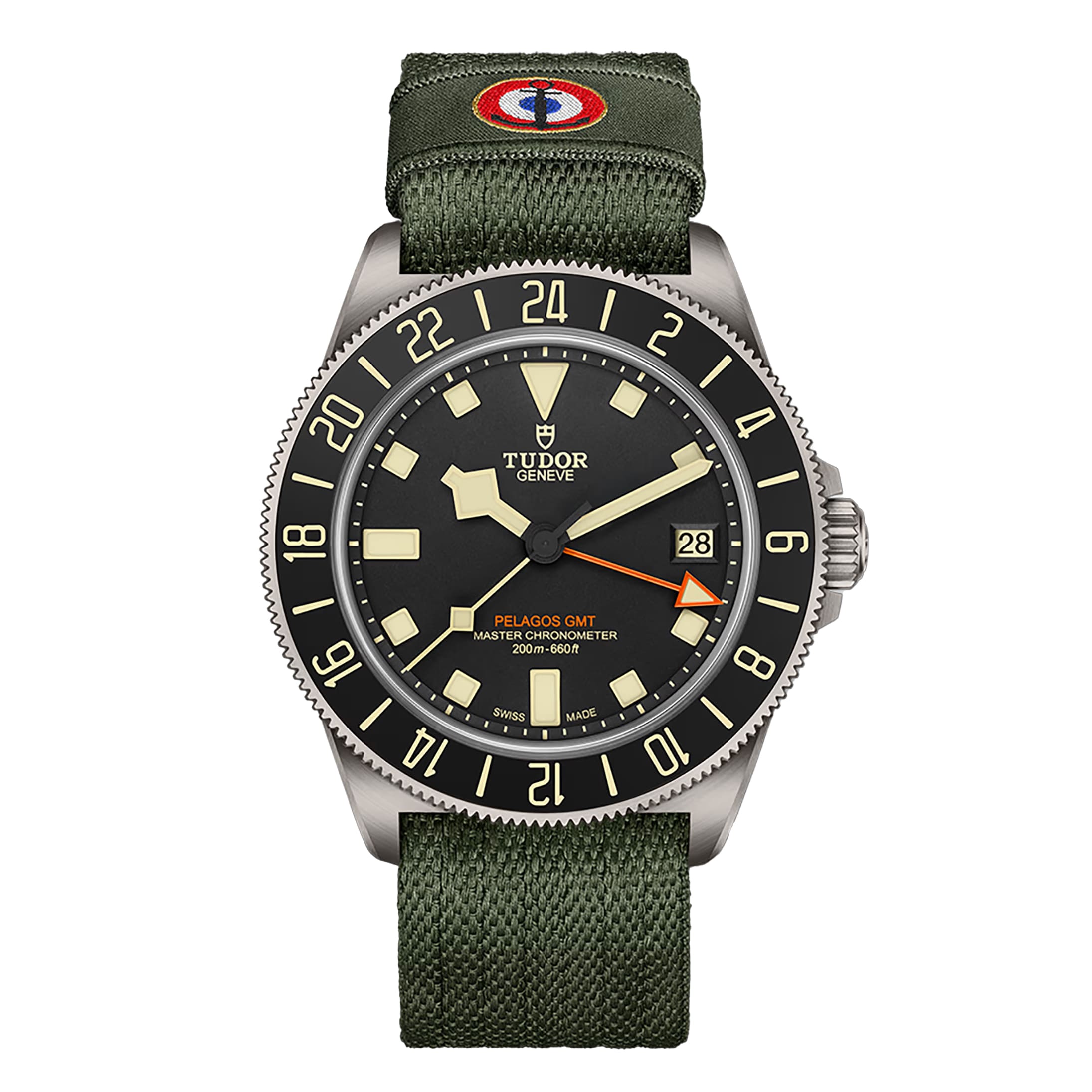 The TUDOR Pelagos FXD GMT watch features a green fabric strap, black bezel, and displays both date and time.