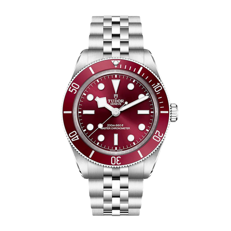 A TUDOR Black Bay 58 wristwatch featuring a stainless steel case, burgundy bezel and dial, and a silver metal bracelet.