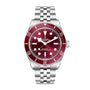 A TUDOR Black Bay 58 wristwatch featuring a stainless steel case, burgundy bezel and dial, and a silver metal bracelet.