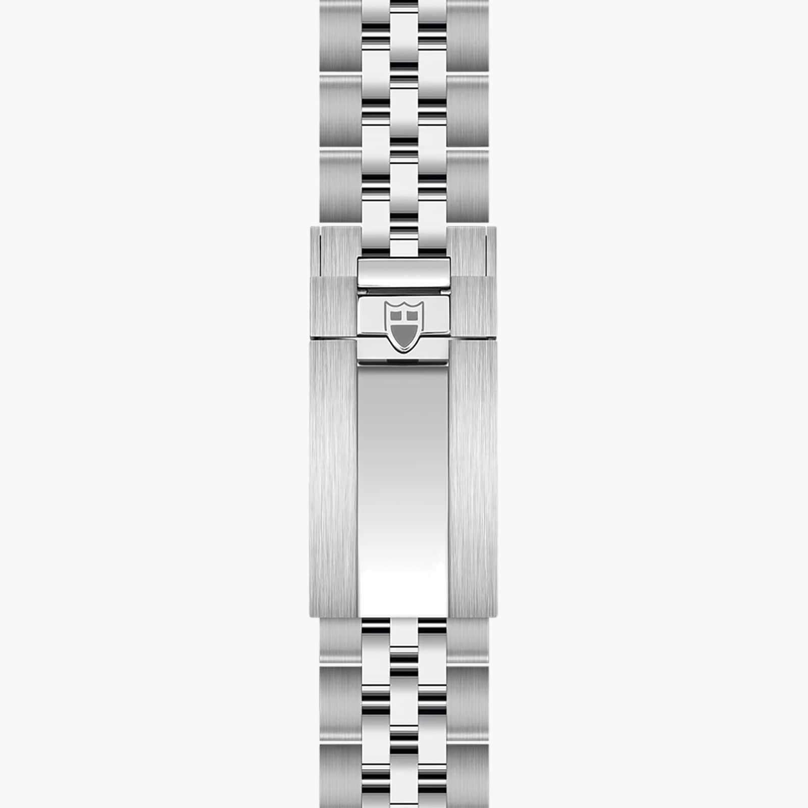The TUDOR Black Bay 58 features a silver metal watch clasp with a brushed finish and a shield logo, attached to its link bracelet.