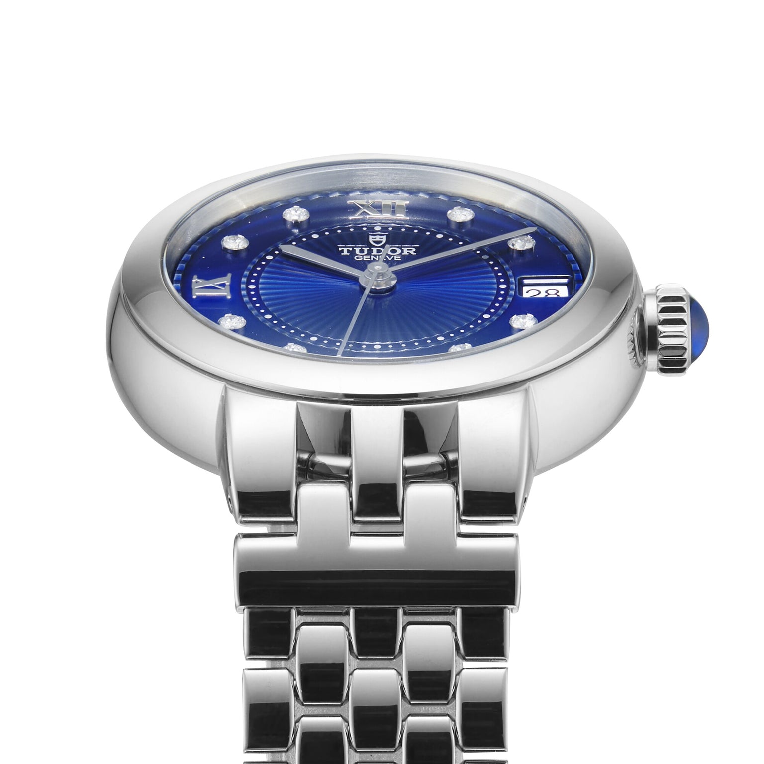 A TUDOR Clair de Rose silver wristwatch featuring a blue dial, Roman numerals, and diamond hour markers.