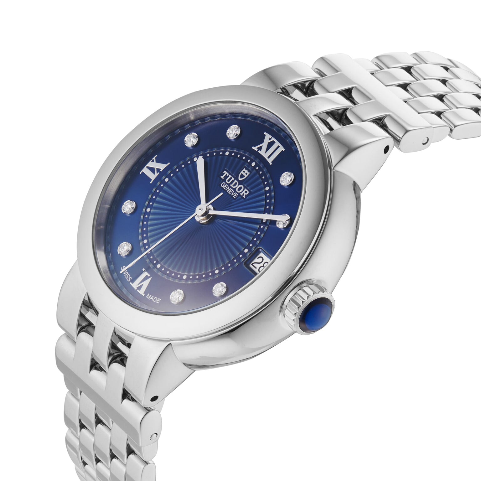 TUDOR Clair de Rose wristwatch in silver with a blue dial, diamond markers, and a metal link bracelet, displayed at an angle.