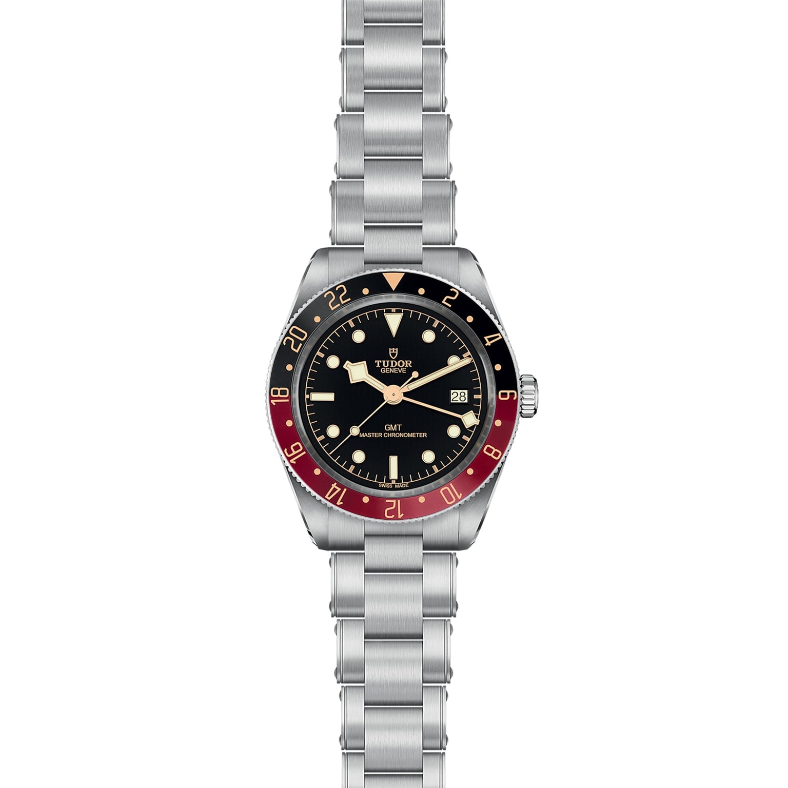 The TUDOR Black Bay 58 GMT dive watch features a stainless steel case, black dial, date at 3 o’clock, black and red bezel, and a metal link bracelet.