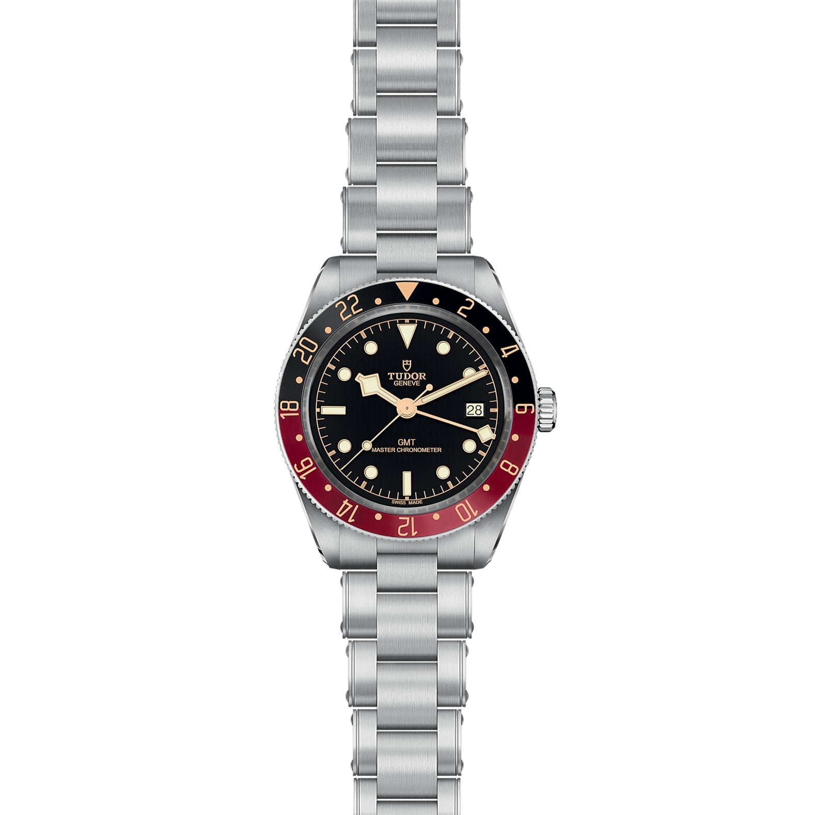 The TUDOR Black Bay 58 GMT dive watch features a stainless steel case, black dial, date at 3 o’clock, black and red bezel, and a metal link bracelet.
