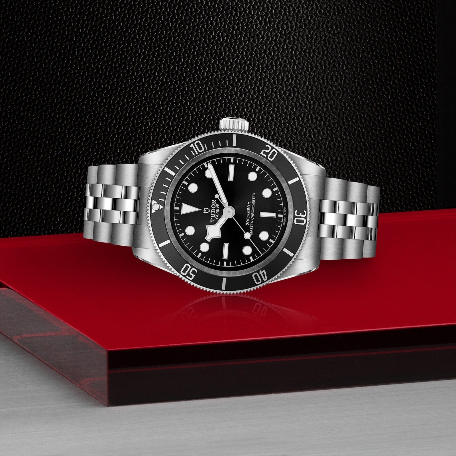 A TUDOR Black Bay wristwatch is displayed on a red and gray surface against a black textured background, highlighting the classic style of diving watches.