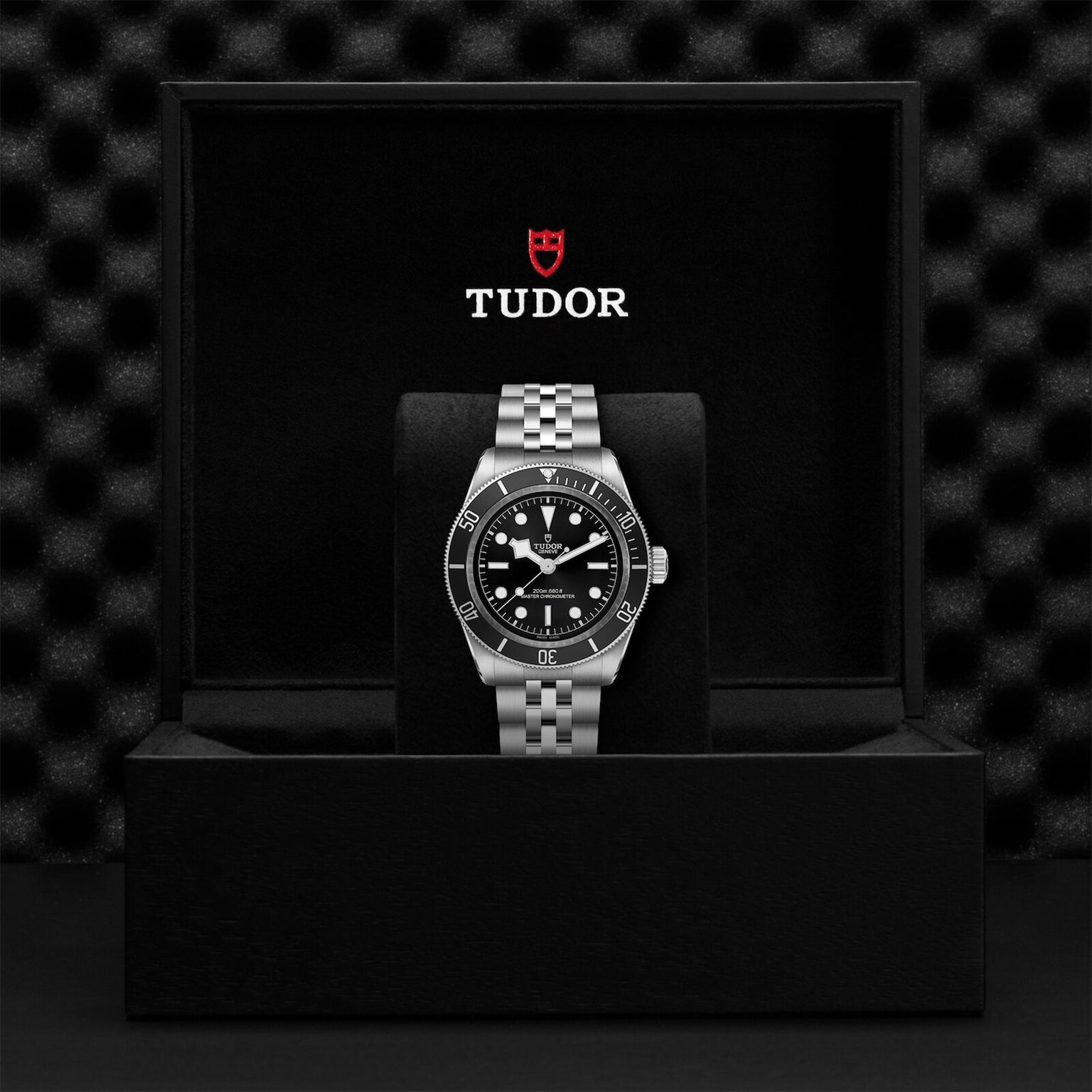 A TUDOR Black Bay stainless steel wristwatch with a black bezel and dial is presented in an open Tudor-branded box, highlighting the Black Bays signature diving watch design.