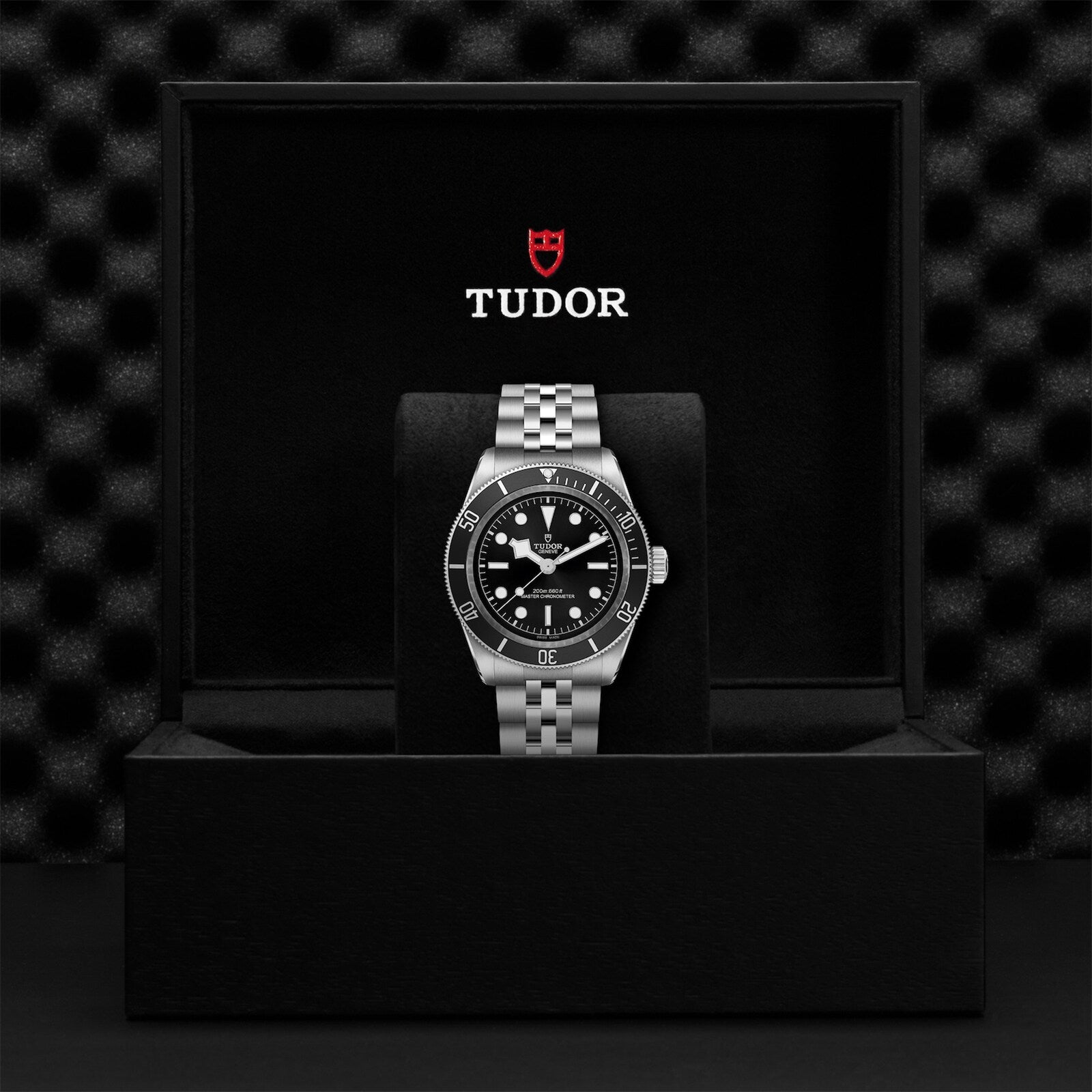 A TUDOR Black Bay stainless steel wristwatch with a black bezel and dial is presented in an open Tudor-branded box, highlighting the Black Bays signature diving watch design.