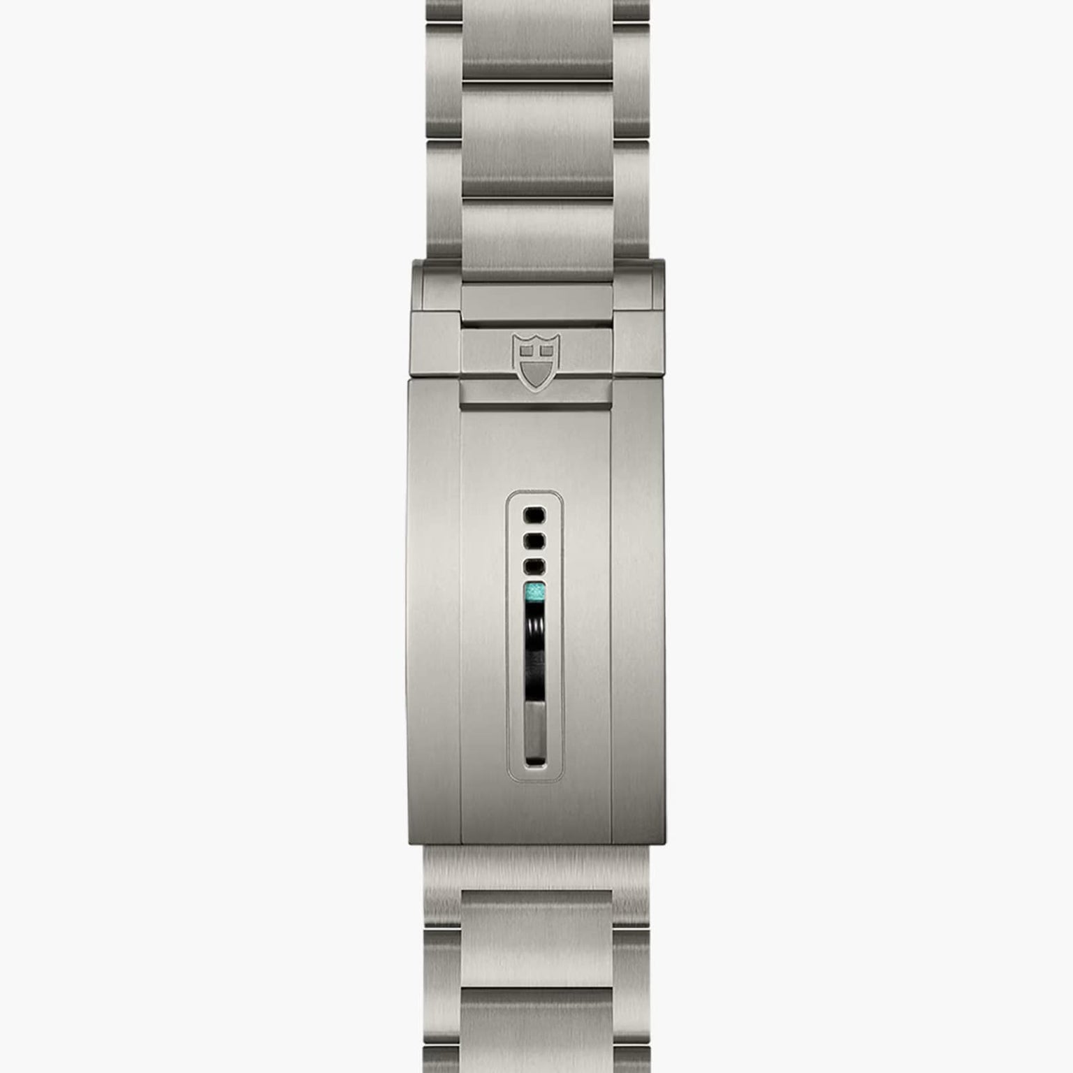 A close-up of the TUDOR Pelagos Ultras stainless steel bracelet clasp, featuring a small rectangular adjustment window.