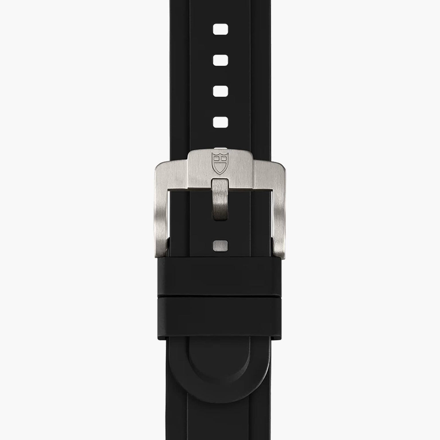 Close-up of the TUDOR Pelagos Ultra black watch strap with a silver metal buckle on a white background.