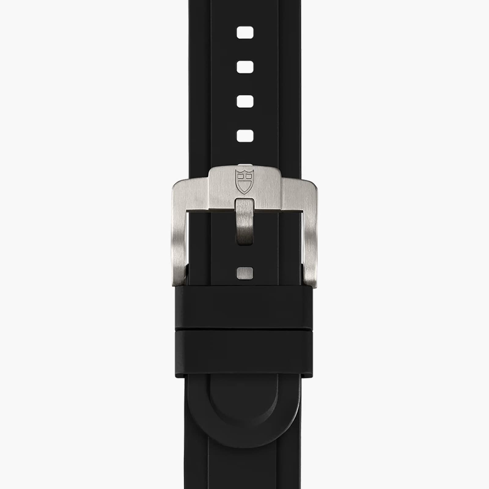 Close-up of the TUDOR Pelagos Ultra black watch strap with a silver metal buckle on a white background.