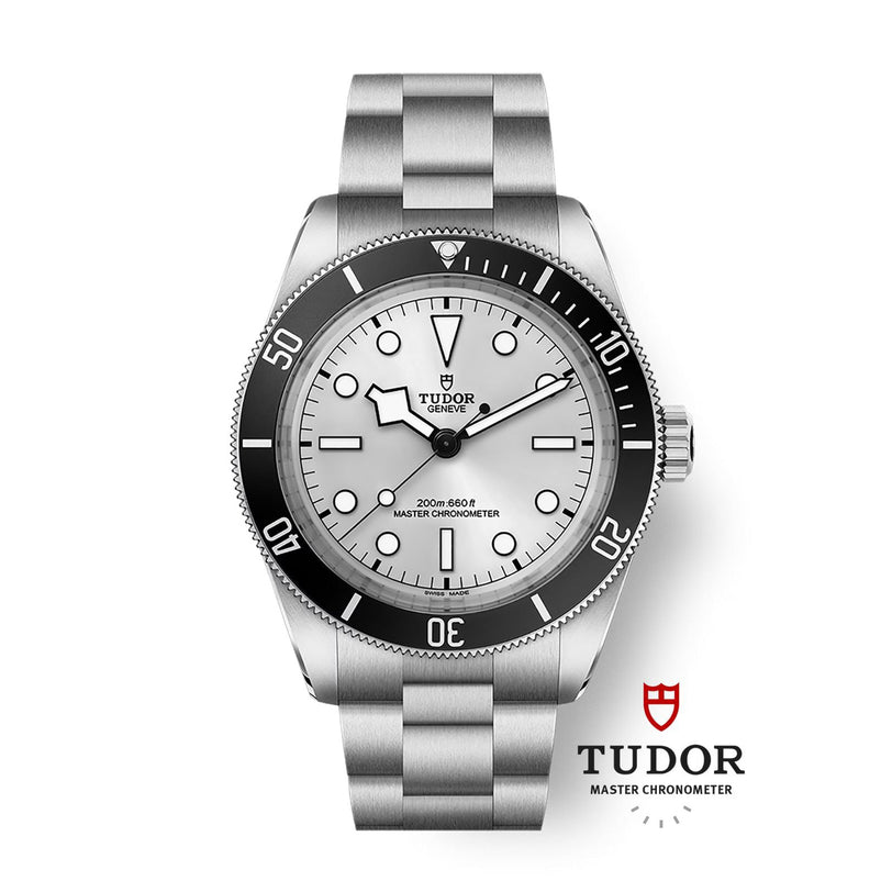 TUDOR Black Bay 68 wristwatch featuring a white dial, black bezel, and steel bracelet; TUDOR logo displayed below.
